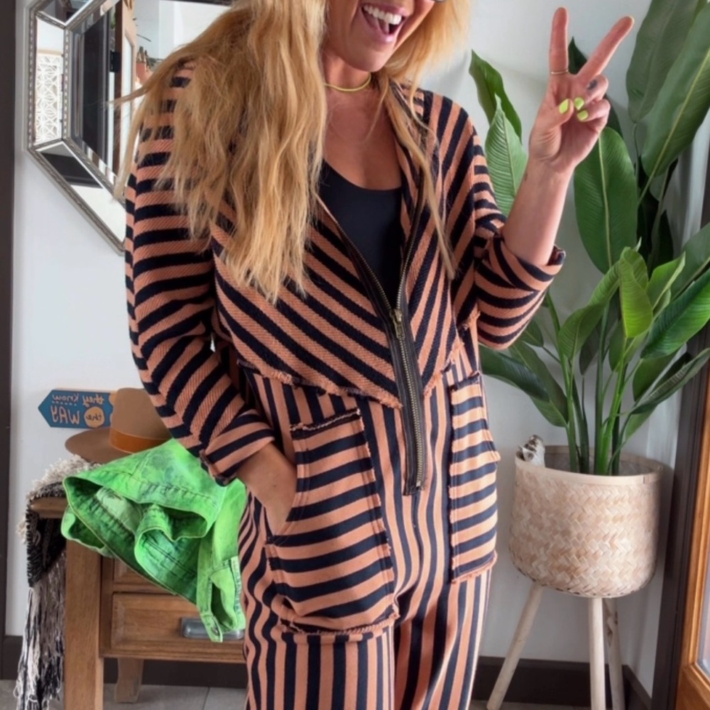 Free People Black and Orange Striped Jumpsuit